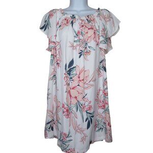 New Cupshe Womens Floral Ruffle Short Sleeve Dress Large White Pink Polyester
